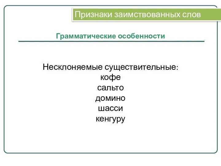 Грамматические особенности Несклоняемые существительные: кофе сальто домино шасси кенгуру Признаки заимствованных слов