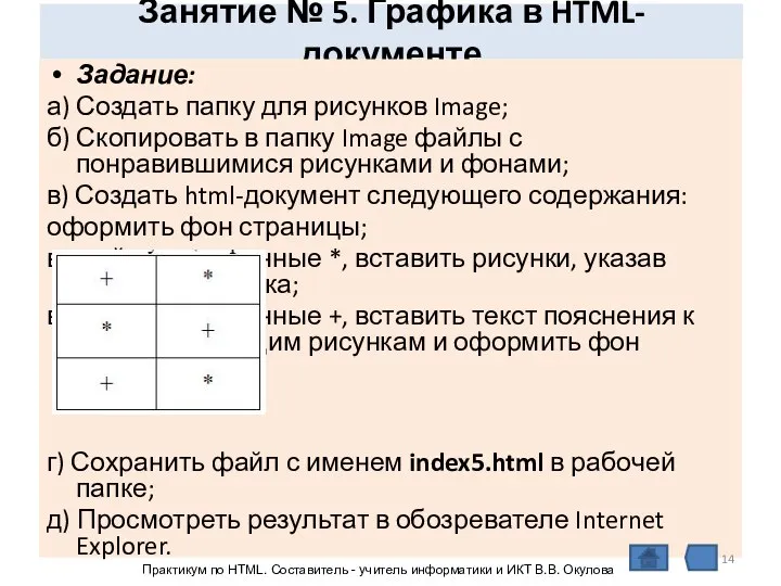 Занятие № 5. Графика в HTML- документе Задание: а) Создать папку