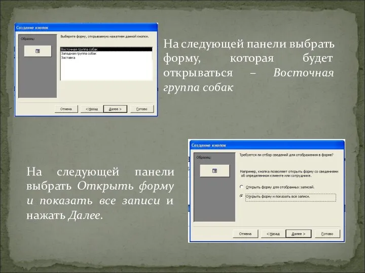 На следующей панели выбрать форму, которая будет открываться – Восточная группа