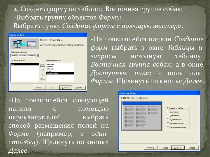 2. Создать форму по таблице Восточная группа собак: -Выбрать группу объектов