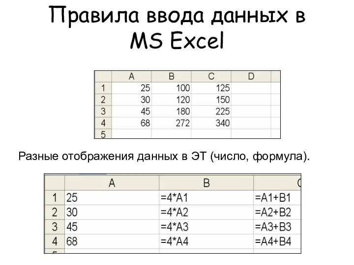 Правила ввода данных в MS Exсel Разные отображения данных в ЭТ (число, формула).