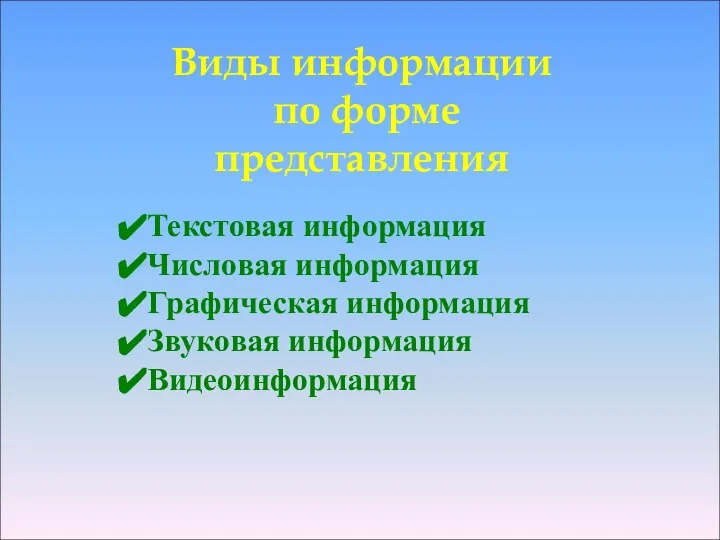 Виды информации по форме представления Текстовая информация Числовая информация Графическая информация Звуковая информация Видеоинформация