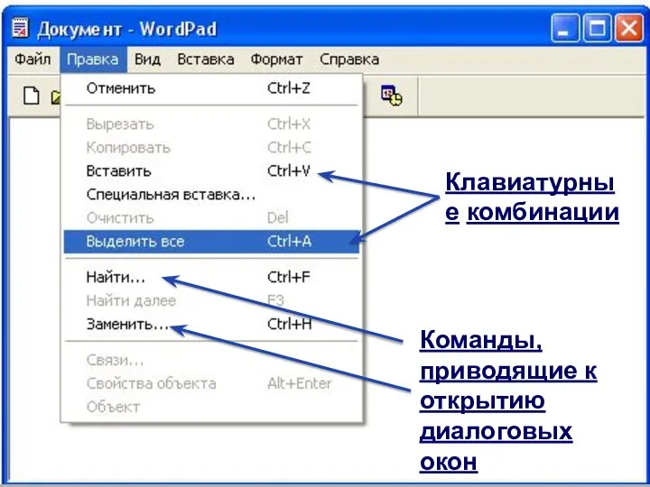 Клавиатурные комбинации Команды, приводящие к открытию диалоговых окон