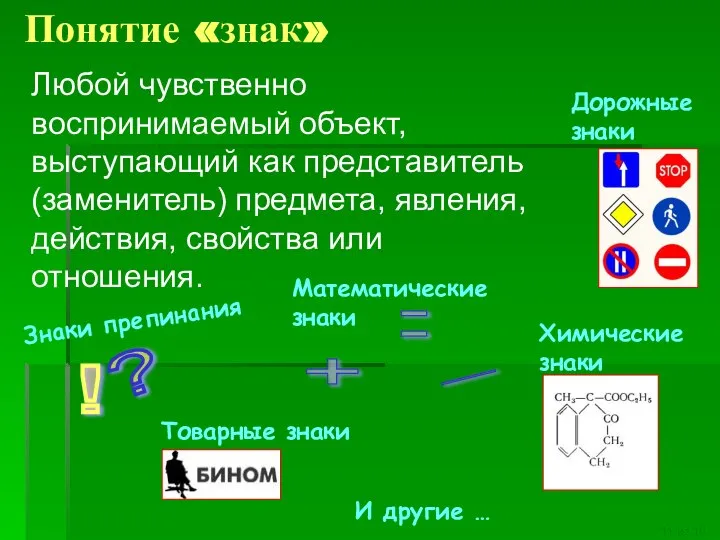 Понятие «знак» Любой чувственно воспринимаемый объект, выступающий как представитель (заменитель) предмета,