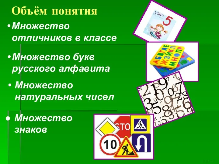 Объём понятия Множество знаков Множество отличников в классе Множество букв русского алфавита Множество натуральных чисел