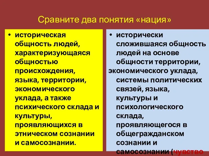 Сравните два понятия «нация» историческая общность людей, характеризующаяся общностью происхождения, языка,