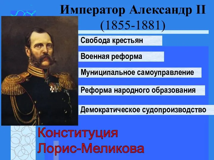 Император Александр II (1855-1881) Свобода крестьян Муниципальное самоуправление Демократическое судопроизводство Реформа народного образования Военная реформа