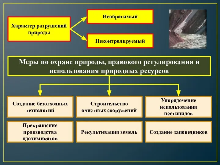 Характер разрушений природы Необратимый Неконтролируемый Меры по охране природы, правового регулирования