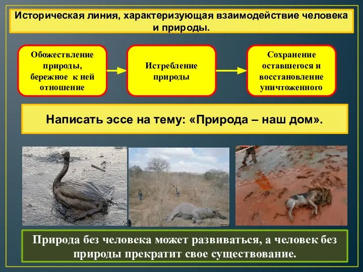 Обожествление природы, бережное к ней отношение Истребление природы Сохранение оставшегося и