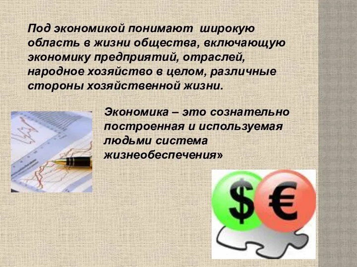 Под экономикой понимают широкую область в жизни общества, включающую экономику предприятий,