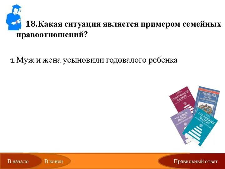 Правильный ответ 18.Какая ситуация является примером семейных правоотношений? Муж и жена