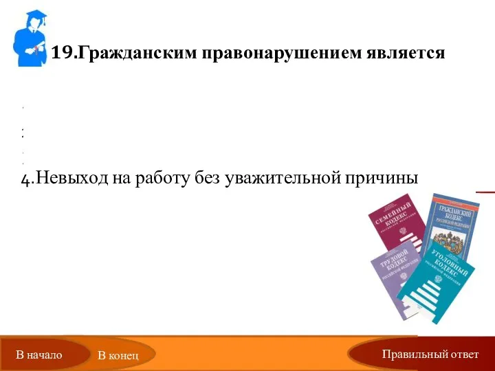 Правильный ответ 19.Гражданским правонарушением является Продажа недоброкачественного товара в магазине Несанкционированный