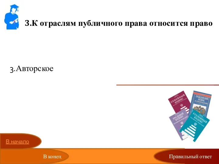 3.К отраслям публичного права относится право Гражданское Торговое Авторское Семейное Правильный ответ В начало В конец