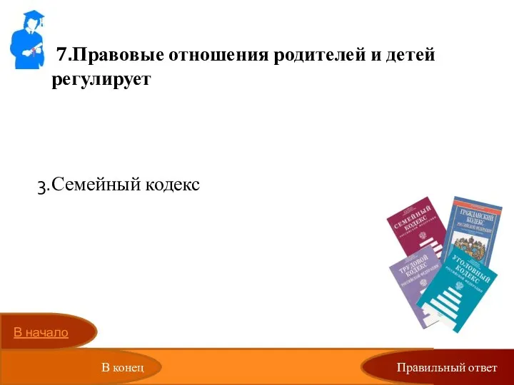 Правильный ответ 7.Правовые отношения родителей и детей регулирует Конвенция о правах