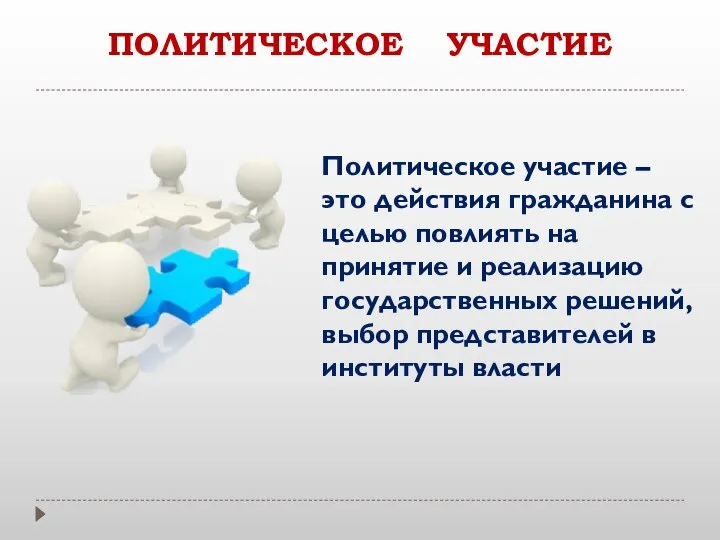 ПОЛИТИЧЕСКОЕ УЧАСТИЕ Политическое участие – это действия гражданина с целью повлиять