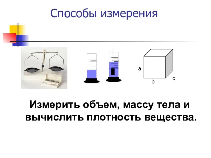 Способы измерения а b c Измерить объем, массу тела и вычислить плотность вещества.