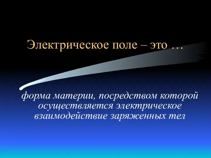 Электрическое поле – это … форма материи, посредством которой осуществляется электрическое взаимодействие заряженных тел