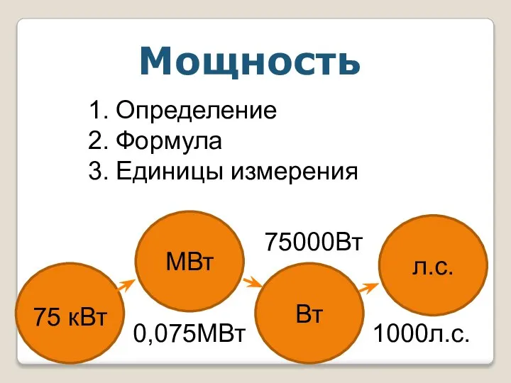 Мощность Определение Формула Единицы измерения МВт Вт л.с. 75 кВт 0,075МВт 75000Вт 1000л.с.