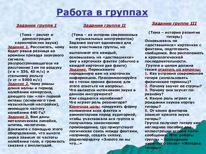 Работа в группах Задания группе I (Тема – расчет и демонстрация