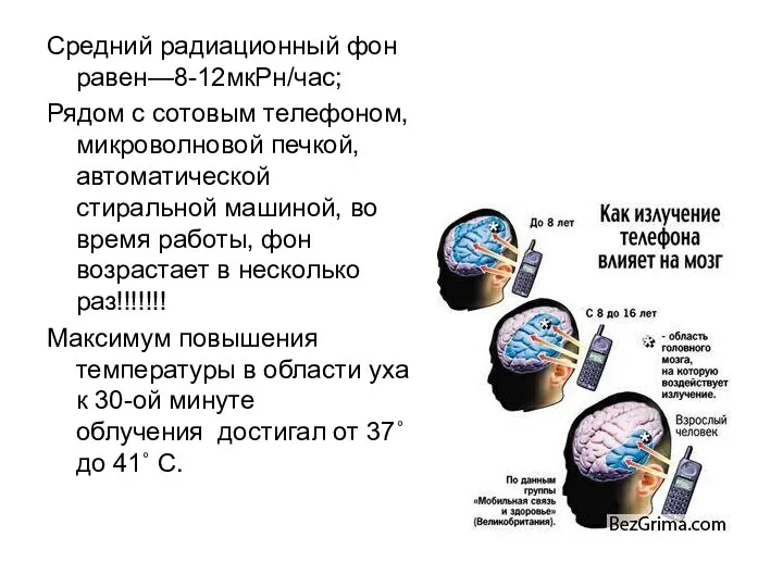 Средний радиационный фон равен—8-12мкРн/час; Рядом с сотовым телефоном, микроволновой печкой, автоматической