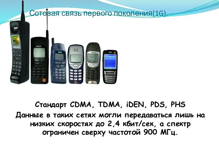 Сотовая связь первого поколения(1G). Стандарт CDMA, TDMA, iDEN, PDS, PHS Данные