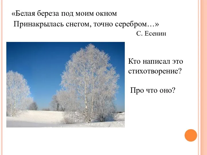 «Белая береза под моим окном Принакрылась снегом, точно серебром…» С. Есенин