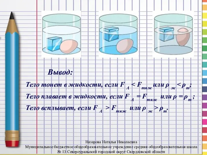 Вывод: Тело тонет в жидкости, если F A Тело плавает в