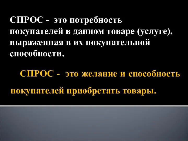 СПРОС - это потребность покупателей в данном товаре (услуге), выраженная в