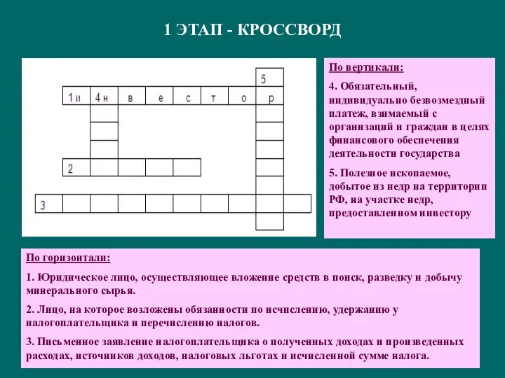 1 ЭТАП - КРОССВОРД По горизонтали: 1. Юридическое лицо, осуществляющее вложение