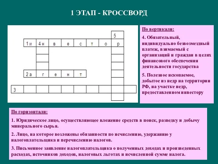 1 ЭТАП - КРОССВОРД По горизонтали: 1. Юридическое лицо, осуществляющее вложение