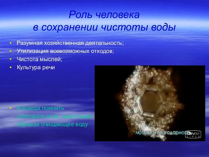 Роль человека в сохранении чистоты воды Разумная хозяйственная деятельность; Утилизация всевозможных