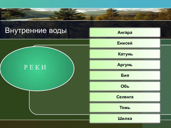 Р Е К И Ангара Енисей Аргунь Бия Катунь Обь Селенга Шилка Томь Внутренние воды