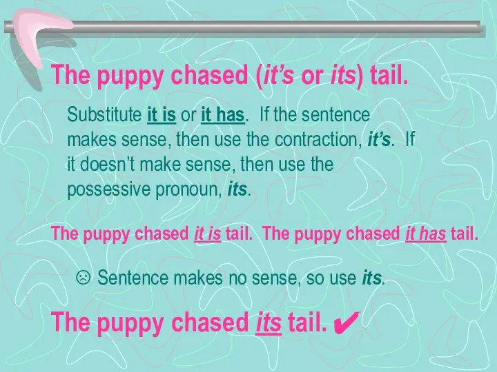 The puppy chased (it’s or its) tail. Substitute it is or