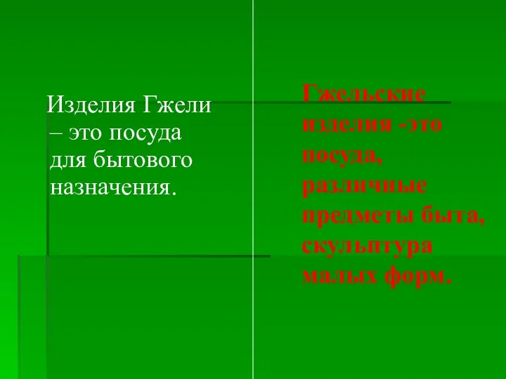 Гжельские изделия -это посуда, различные предметы быта, скульптура малых форм. Изделия