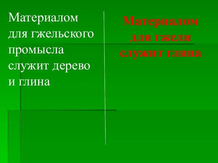 Материалом для гжели служит глина Материалом для гжельского промысла служит дерево и глина