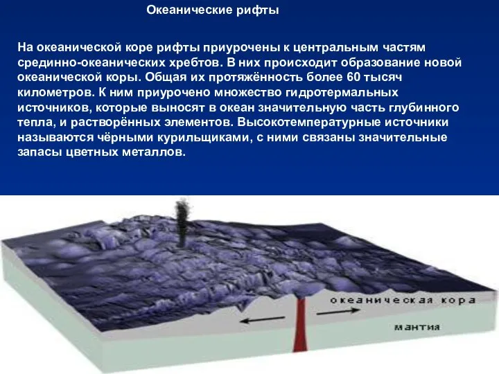 Океанические рифты На океанической коре рифты приурочены к центральным частям срединно-океанических