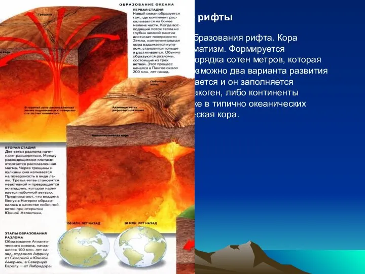 Континентальные рифты Раскол континента на части начинается с образования рифта. Кора