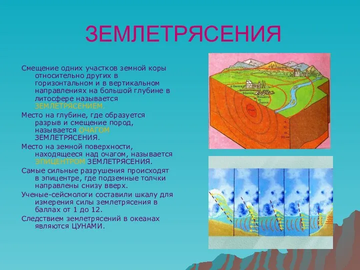 ЗЕМЛЕТРЯСЕНИЯ Смещение одних участков земной коры относительно других в горизонтальном и