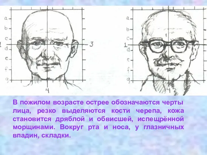 В пожилом возрасте острее обозначаются черты лица, резко выделяются кости черепа,