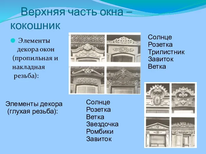 Верхняя часть окна – кокошник Элементы декора окон (пропильная и накладная