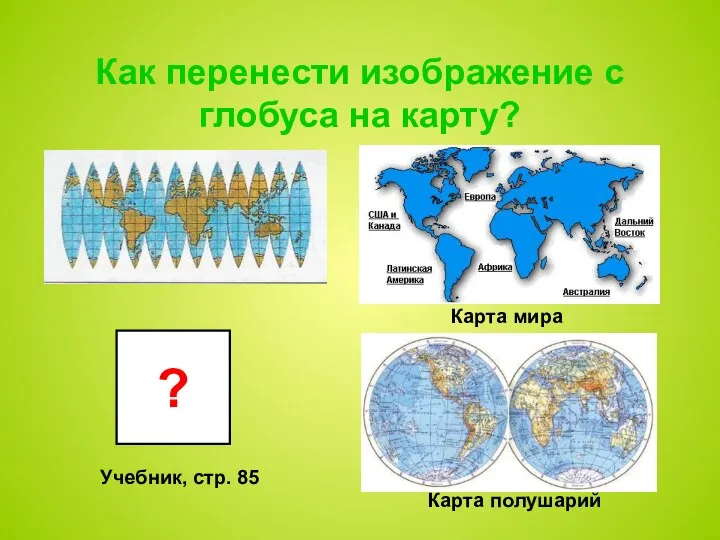 ? Как перенести изображение с глобуса на карту? Карта мира Карта полушарий Учебник, стр. 85