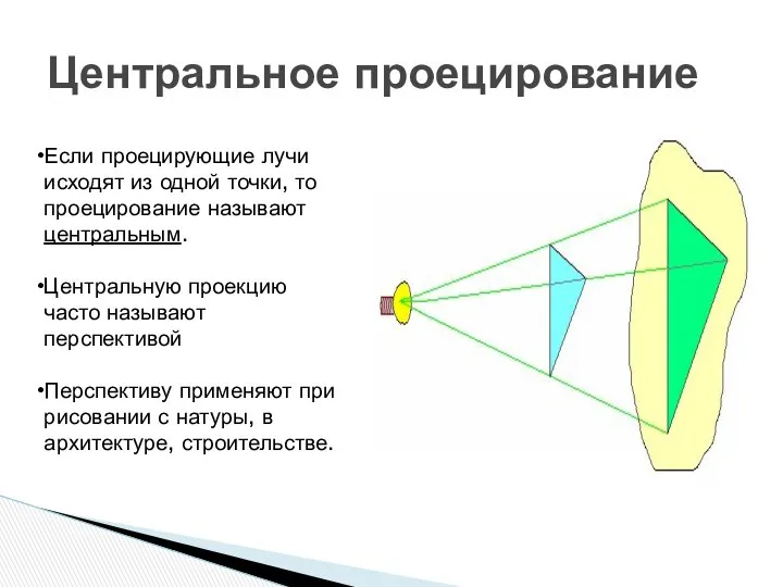 Центральное проецирование Если проецирующие лучи исходят из одной точки, то проецирование