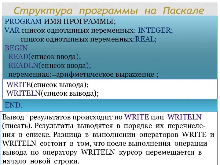 Вывод результатов происходит по WRITE или WRITELN (писать). Результаты выводятся в