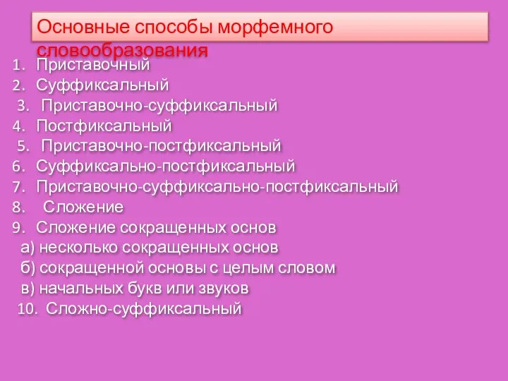 Основные способы морфемного словообразования Приставочный Суффиксальный 3. Приставочно-суффиксальный Постфиксальный 5. Приставочно-постфиксальный