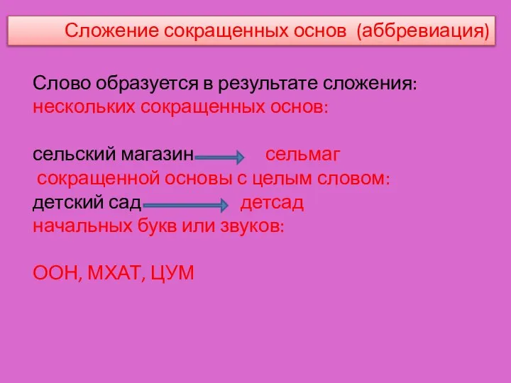 Сложение сокращенных основ (аббревиация) Слово образуется в результате сложения: нескольких сокращенных