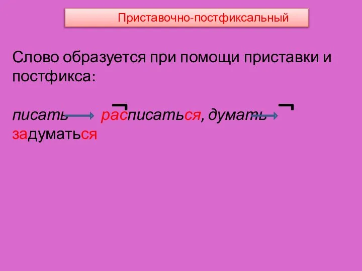 Приставочно-постфиксальный Слово образуется при помощи приставки и постфикса: писать расписаться, думать задуматься ¬ ¬