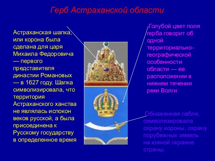 Герб Астраханской области Астраханская шапка, или корона была сделана для царя