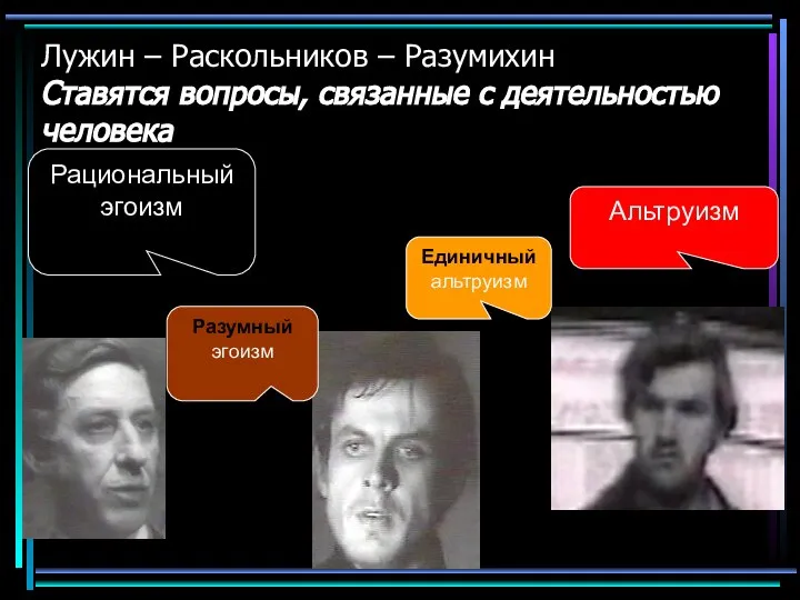 Рациональный эгоизм Разумный эгоизм Альтруизм Единичный альтруизм Лужин – Раскольников –