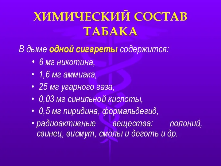 ХИМИЧЕСКИЙ СОСТАВ ТАБАКА В дыме одной сигареты содержится: 6 мг никотина,