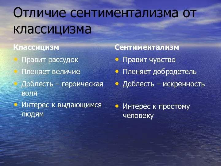 Отличие сентиментализма от классицизма Классицизм Правит рассудок Пленяет величие Доблесть –